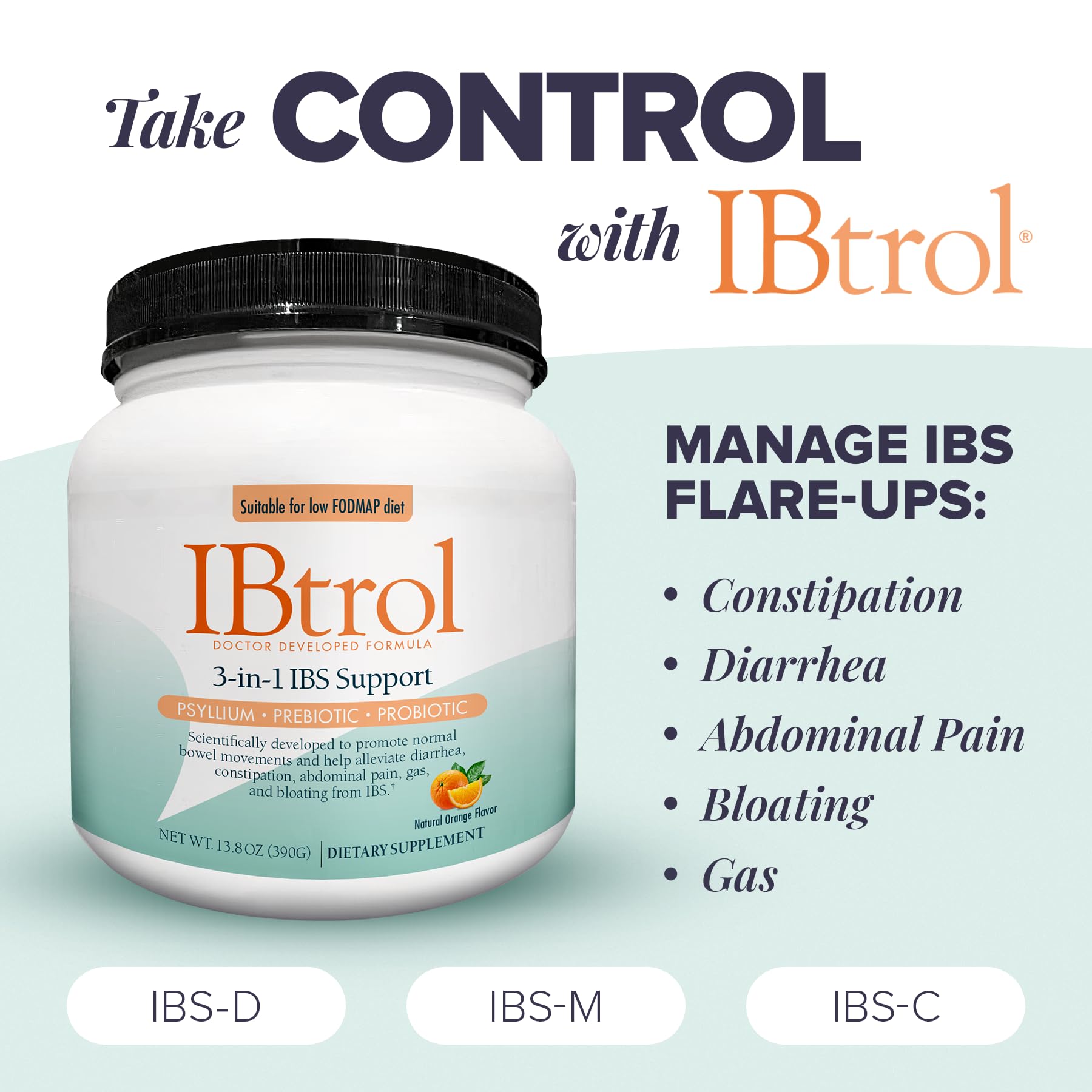 IBtrol® 3–in–1 IBS Gut Health Supplement with Psyllium, Prebiotic and Probiotics, Manages IBS Symptoms, Gas, Bloating, Diarrhea, Constipation, Abdominal Pain 60 Servings (Natural Orange Flavor) Medtrition Au supplements