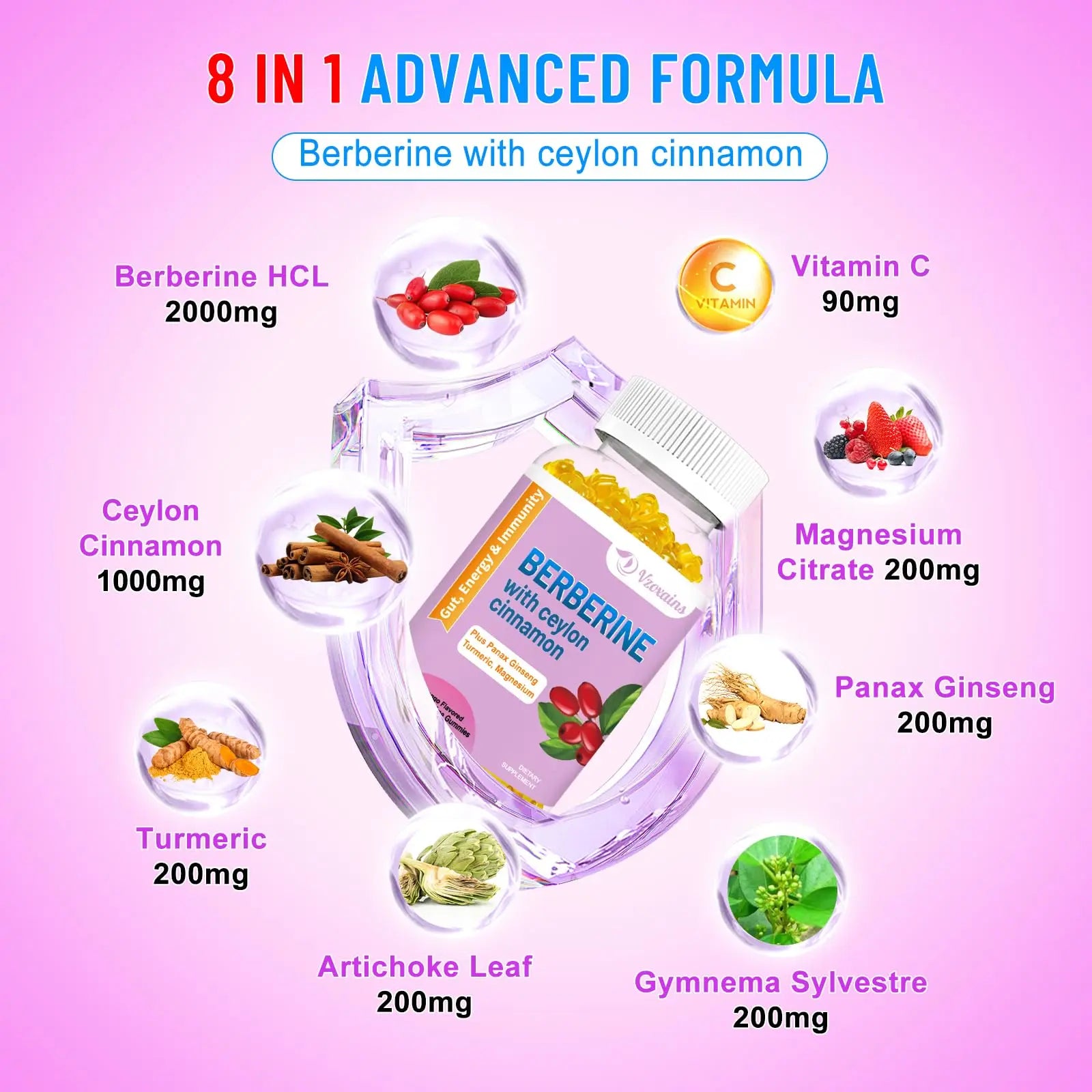2 Pack Berberine with Ceylon Cinnamon Gummies, 2000mg High Potency Berberine HCI VZOXAINS Au supplements