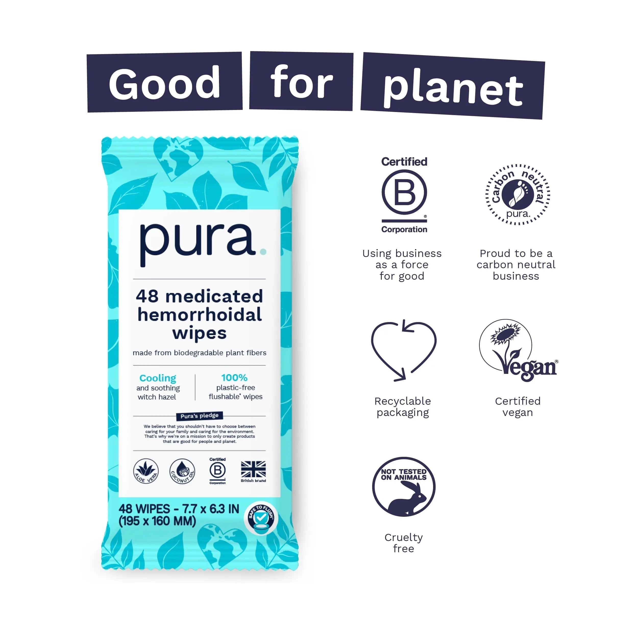 Pura Flushable Hemorrhoid Wipes XL, 48 Count, Medicated with Cooling Witch Hazel, Aloe & Coconut Oil, Fast Relief, Fragrance-Free, 100% Plastic-Free Pura Au supplements