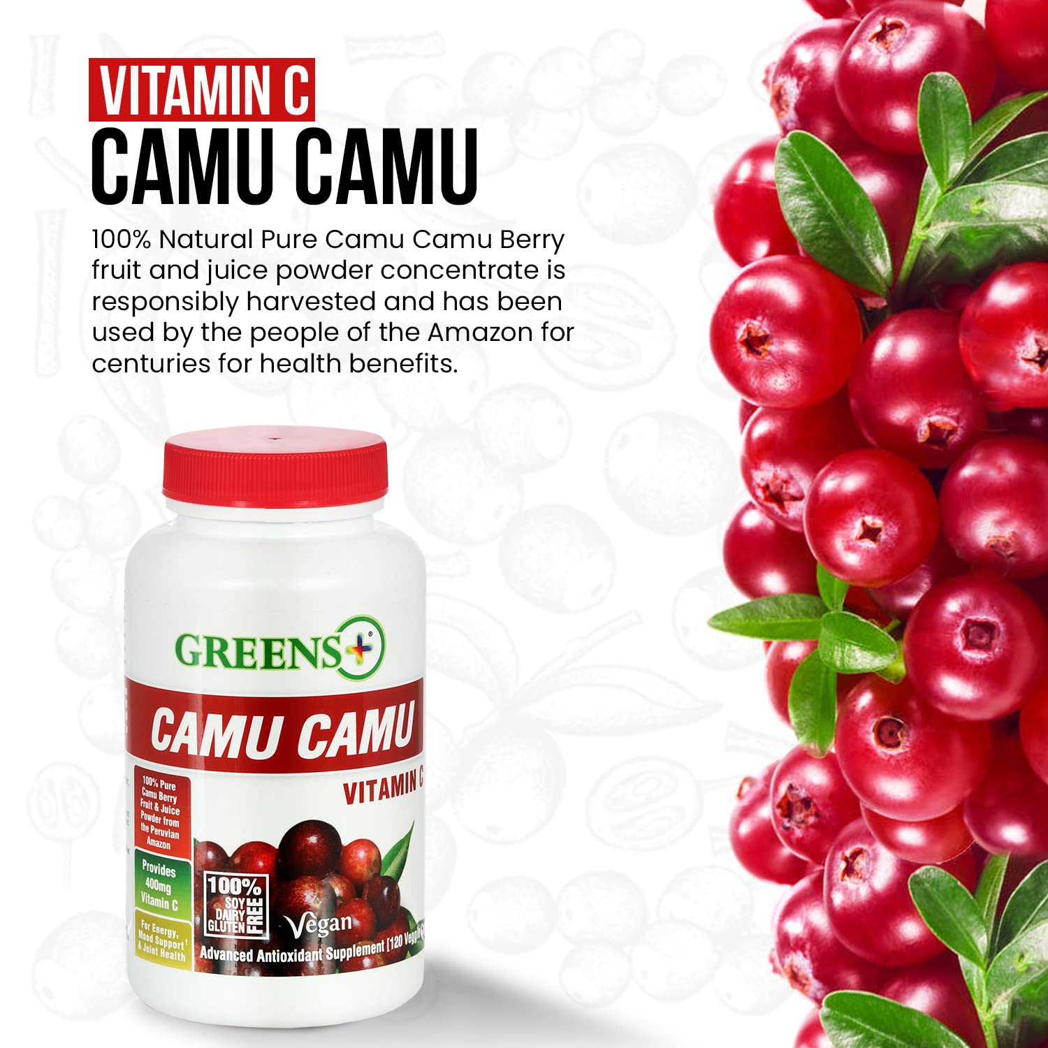 Greens+ Organic Reds Superfood Powder Camu Camu Dietary 400mg Vitamin C SuperFruit Supplement 120 Capsules, 100% Natural, Vitamins & Minerals, Vegan, Soy/Dairy/Gluten Free Greens+ Au supplements