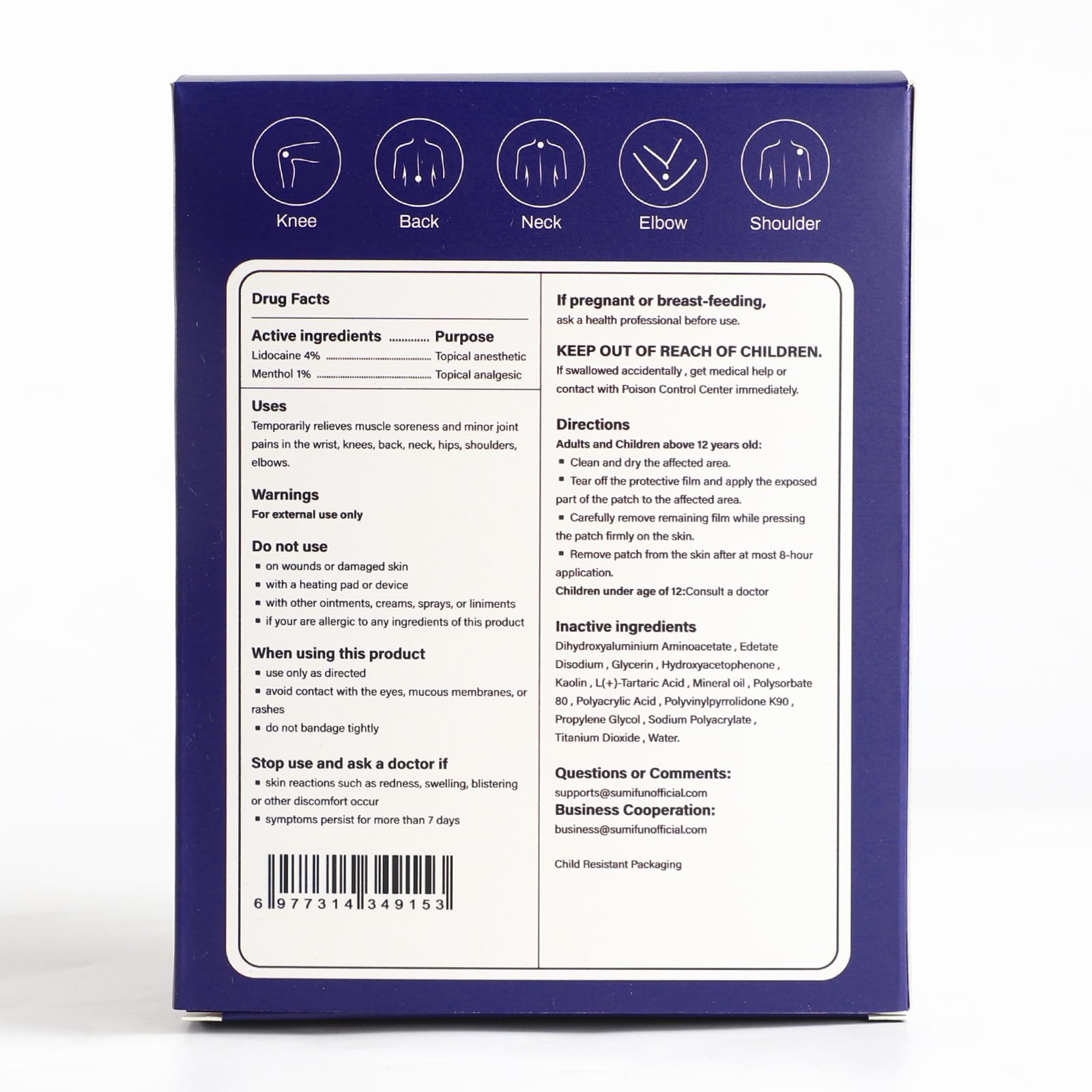 Sumifun Lidocaine Pain Relief Patches - Fast, Targeted Therapy Simple Backache, Soreness, Sprain, Joint Pain with Maximum Strength 4% Lidocaine and 1% Menthol (Large, Count, 31) NDC 83602-172-31 Sumifun Au supplements