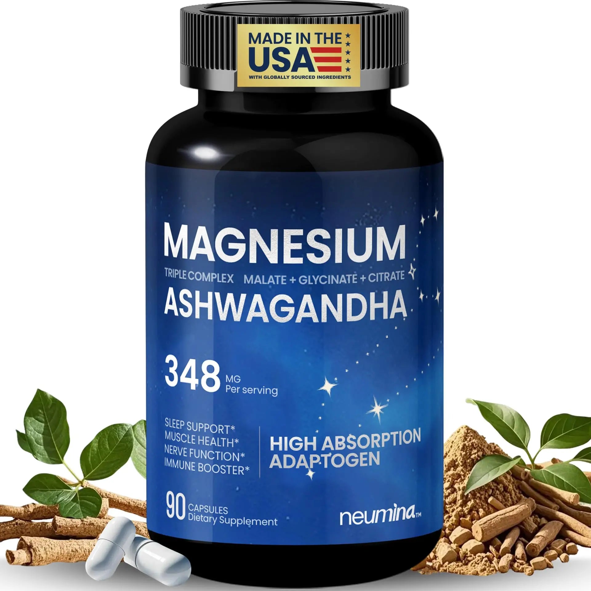 Magnesium Ashwagandha Complex | High-Absorption Multi Magnesium Supports Stress Relief, Sleep, Muscle & Heart Health | Vegan, Non-GMO, Gluten-Free, Made in USA, 90 Capsules((45-Day Supply) NEUMINA Au supplements
