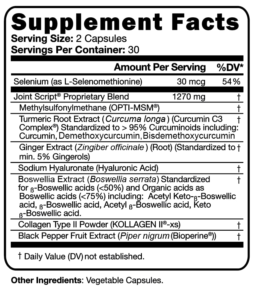Suzy Cohen Joint Script Joint Support Supplement with Hyaluronic Acid, C3 Curcumin Turmeric Extract, MSM, Collagen Peptides, Ginger, and Boswellia for Maximum Flexibility, Tendon and Cartilage Health Script Essentials Au supplements