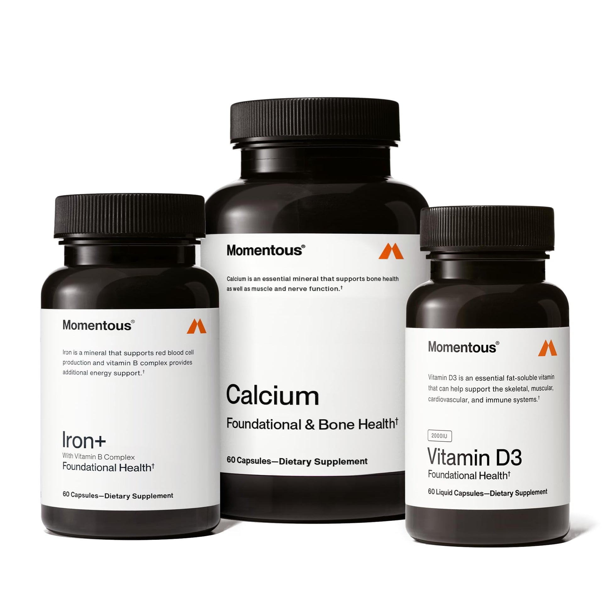 Momentous The Women's Three Bundle - Iron+, Calcium, & Vitamin D3 (2,000 IU) - 3 Critical Nutrients for All Women in 1 Daily Supplement System - NSF Certified for Sport - Gluten-Free - 60 Servings Momentous Au supplements