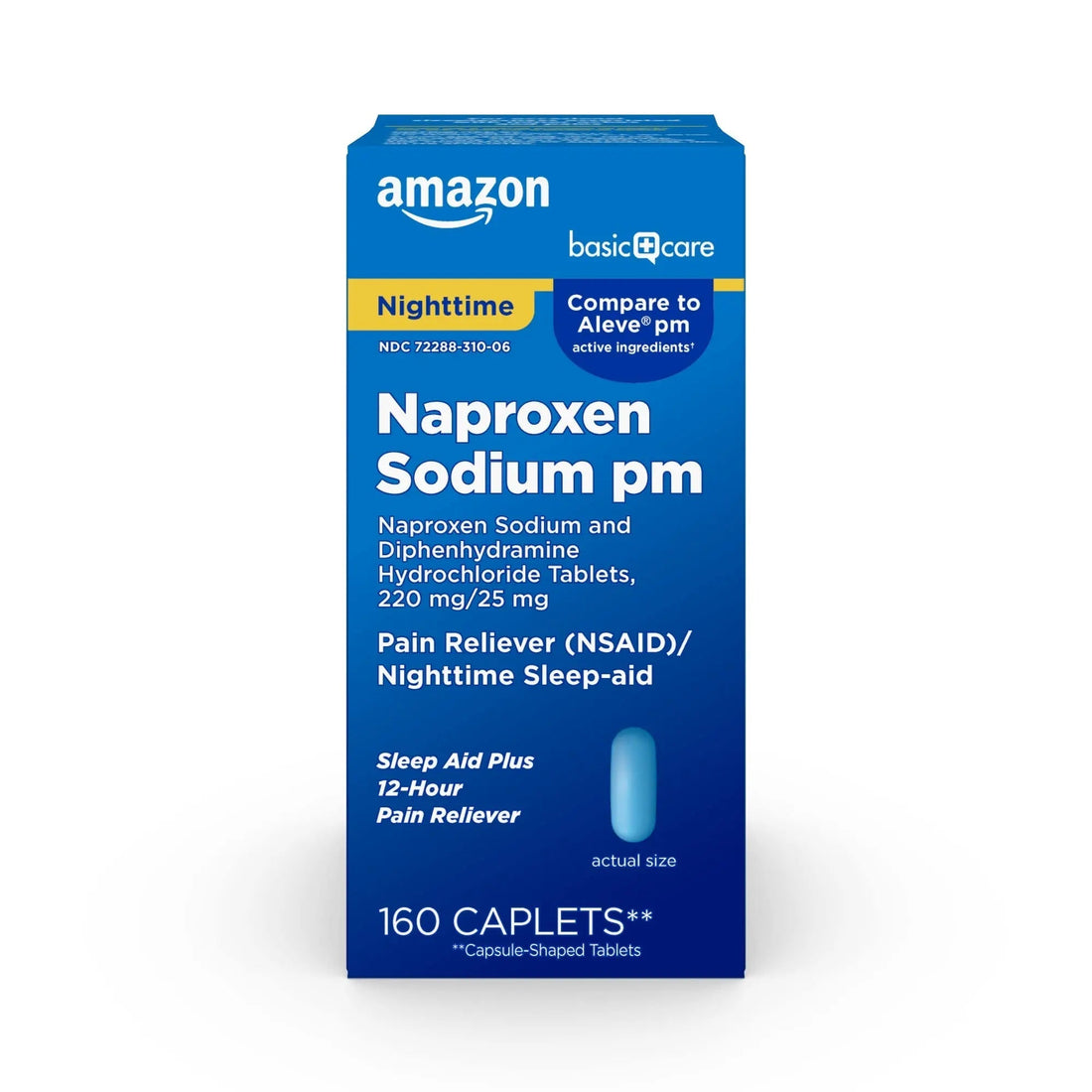 Amazon Basic Care All Night Pain Relief PM, Naproxen Sodium 220 mg/Diphenhydramine Hydrochloride 25 mg Tablets, Pain Reliever/Nighttime Sleep-Aid, 160 Count Amazon Basic Care Au supplements