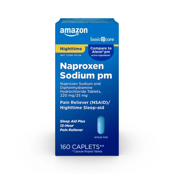 Amazon Basic Care All Night Pain Relief PM, Naproxen Sodium 220 mg/Diphenhydramine Hydrochloride 25 mg Tablets, Pain Reliever/Nighttime Sleep-Aid, 160 Count Amazon Basic Care Au supplements