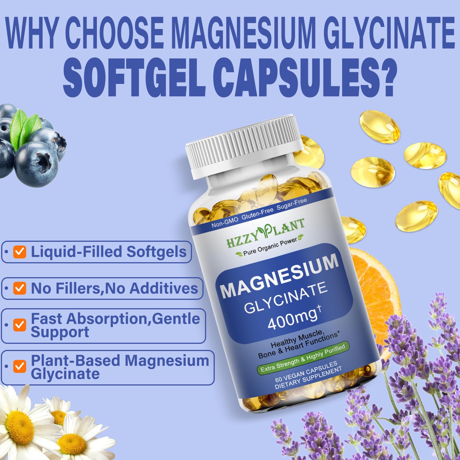 Magnesium Glycinate Softgels, High Absorption Magnesium Glycinate 400mg Supplement for Muscle, Heart, Sleep & Bone Support, Bisglycinate Softgel Capsules Supplement, Vegan, Non-GMO, 2 Month Supply HZZYPLANT Au supplements