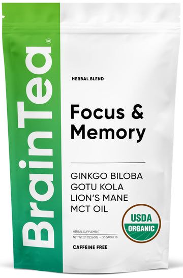 Brain Tea Focus & Memory - Brain Tea Organic Certified 4-in-1 Nootropic Herbal Supplement with Ginkgo Biloba, Gotu Kola, Lion’s Mane Mushroom, MCT Caffeine-Free for Mental Clarity (30 Sachets) Brain Tea Au supplements
