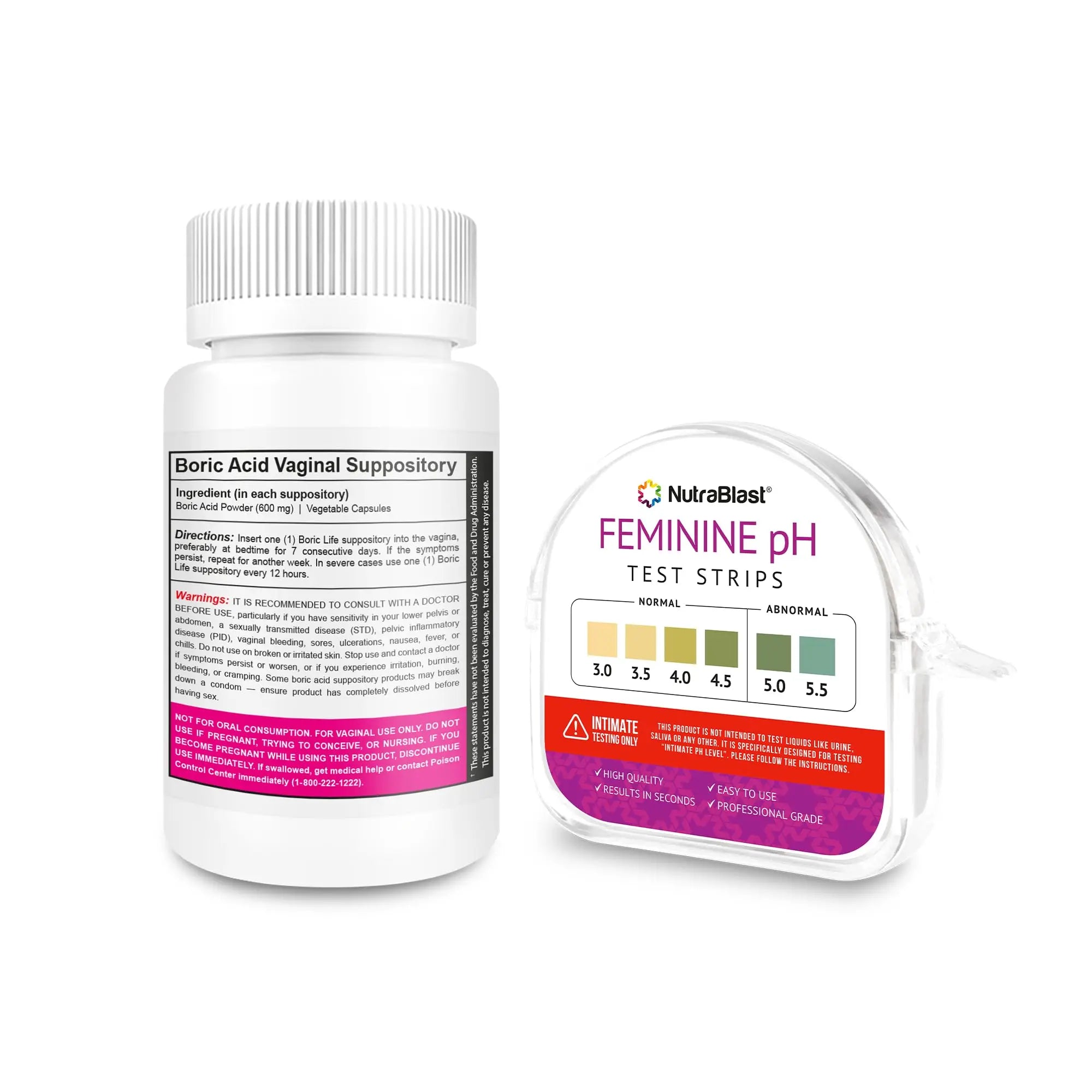 NutraBlast Boric Acid Suppositories 600mg (30 Count) Bundle with Feminine pH Test Strips 3.0-5.5 (100 Tests Roll) | Monitor Intimate Health | Accurate Women’s Acidity & Alkalinity NutraBlast Au supplements