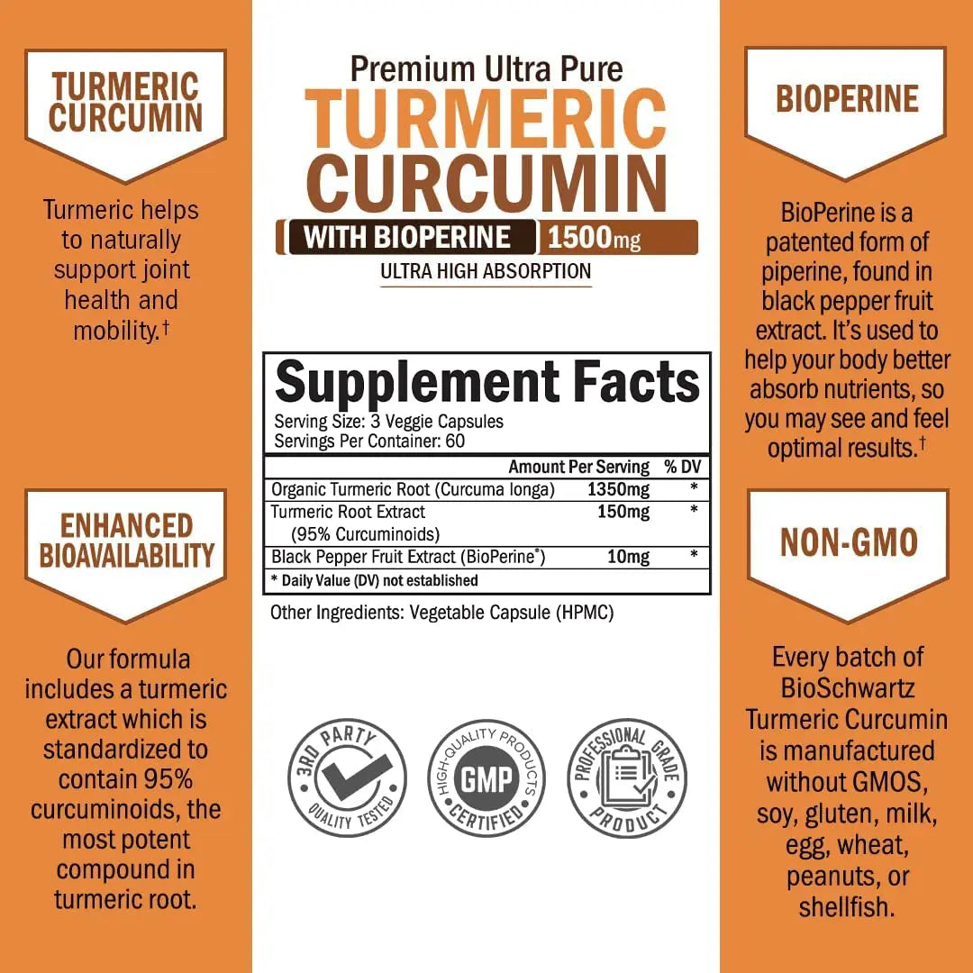 Turmeric Curcumin with Black Pepper Extract 1500mg - High Absorption BioSchwartz Au supplements