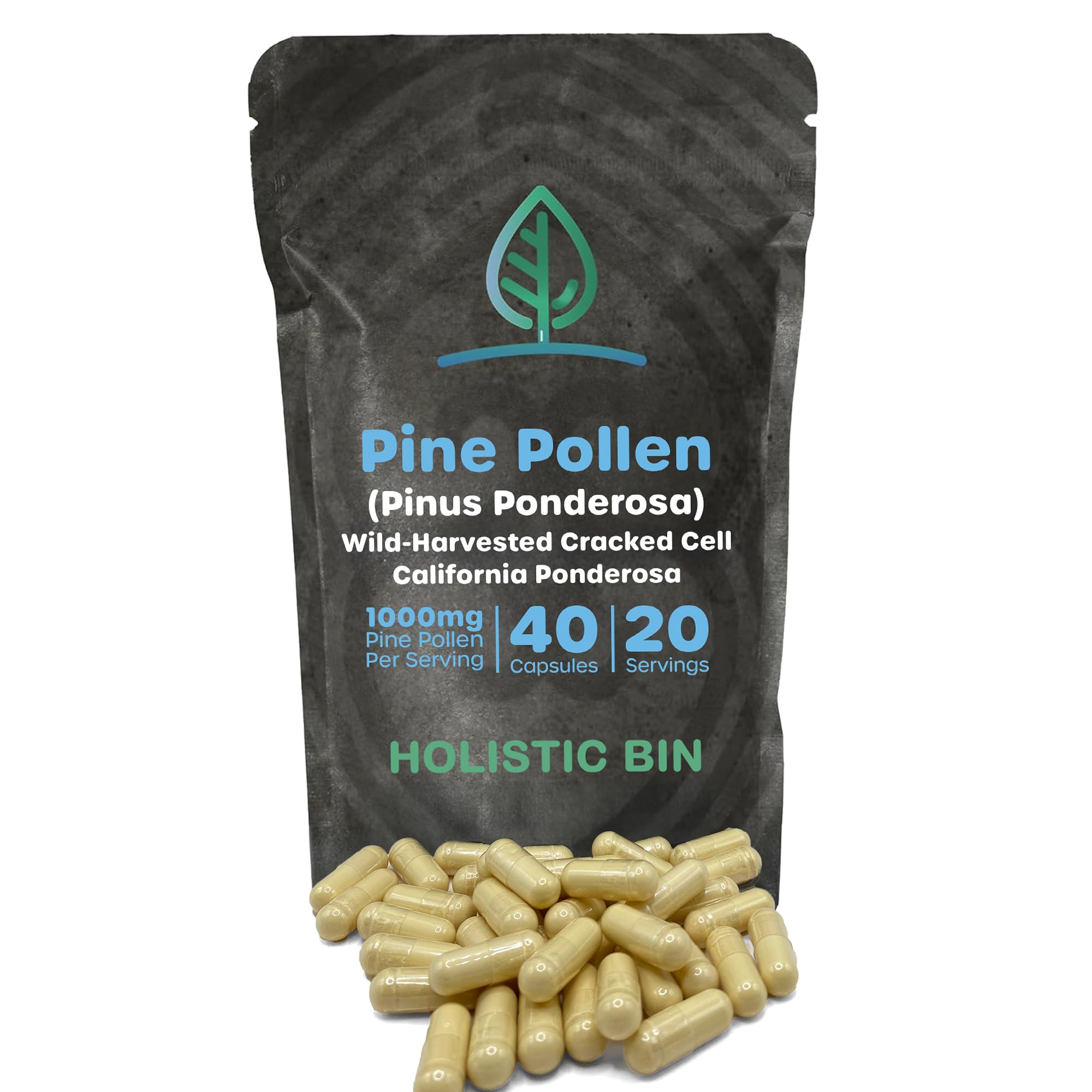 Holistic Bin Pine Pollen Capsules 500mg (Pinus Ponderosa) - Wild Harvested California Ponderosa Pine Pollen Powder - Olympic Grade - Organic, Non-GMO, No Fillers - 30 Day Supply (40 Capsules) Holistic Bin Au supplements