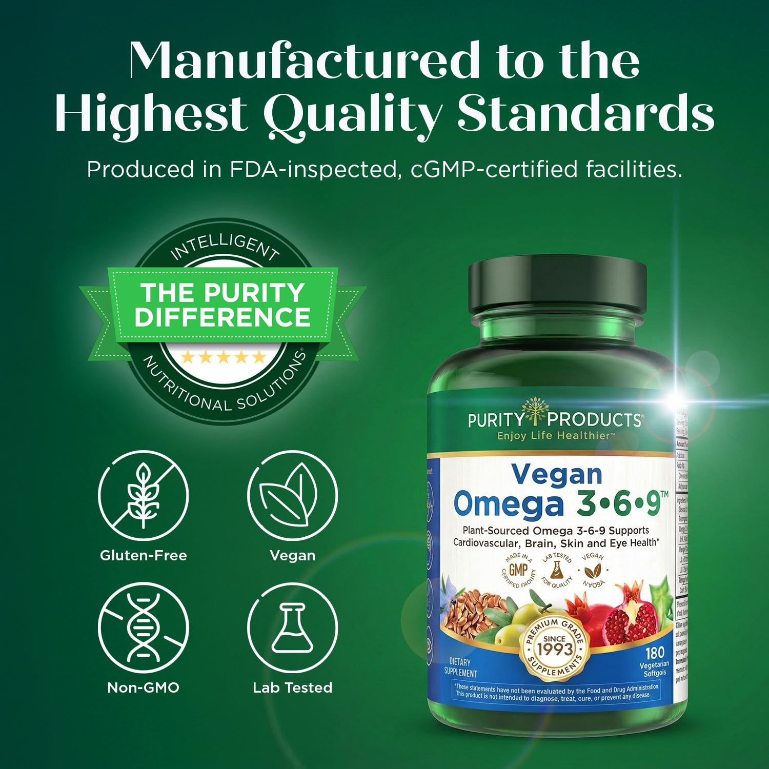 Purity Products Omega 3-6-9 Vegan and Vegetarian Formula - “5 in 1” Essential Fatty Acid Complex - Scientifically Formulated Plant-Based Omega 3 6 9