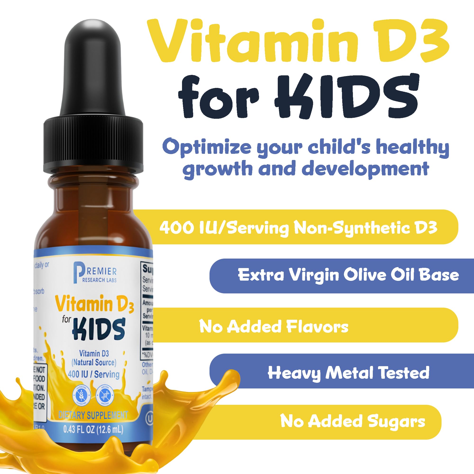 Premier Research Labs Vitamin D3 for Kids - Vitamin D Drops for Children, Kids Liquid Vitamin D, 400 IU Per Serving, Supports Healthy Brain Development - 0.43 fl oz Premier Research Labs Au supplements