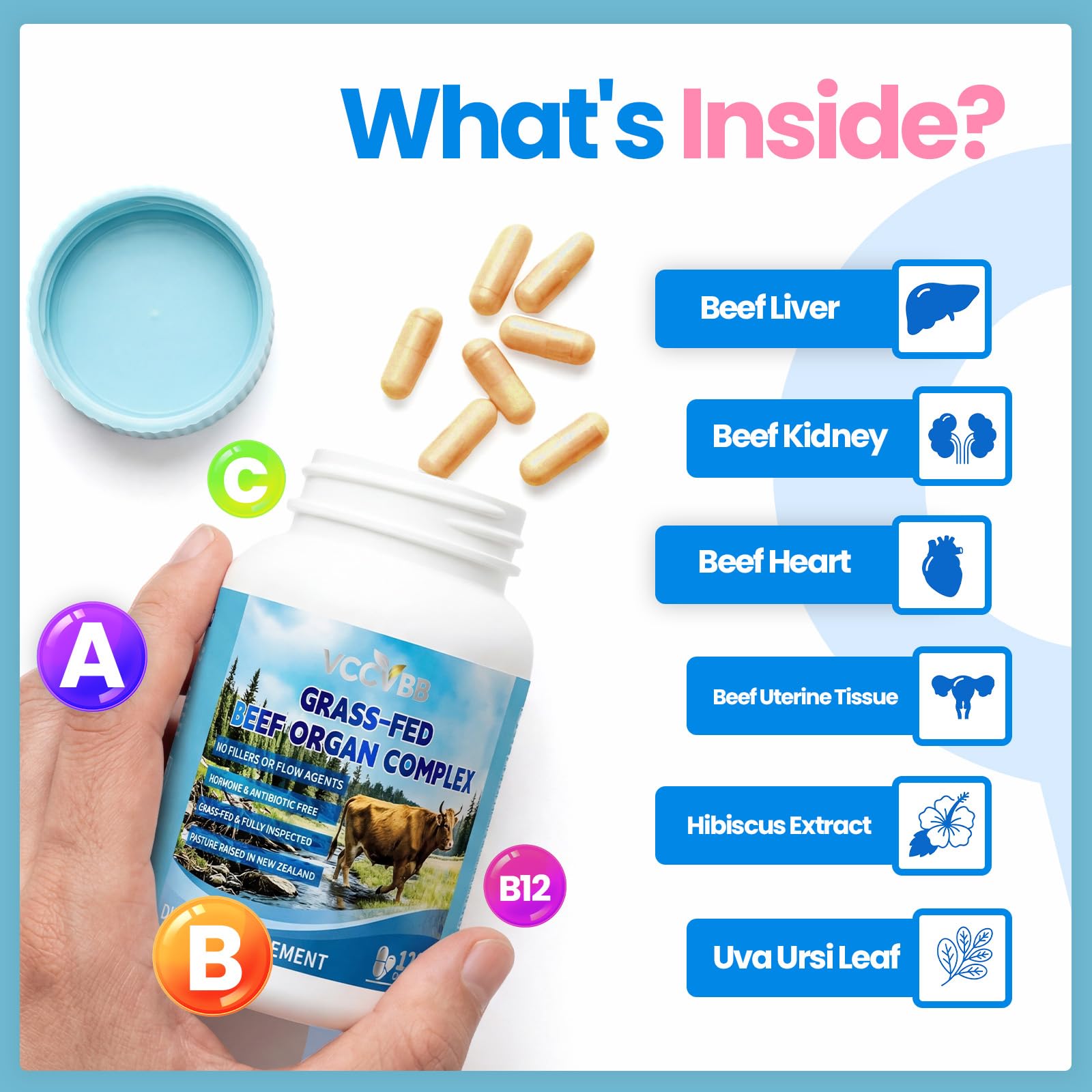 VCCVBB Beef Organ Supplements for Women, Beef Liver, Kidney, Heart, Uterus Tissue, Hormonal Balance, Immune Support,Natural Iron Vitamins Supplements for Energy, Grass Fed Pasture Raised 120 Capsules VCCVBB Au supplements