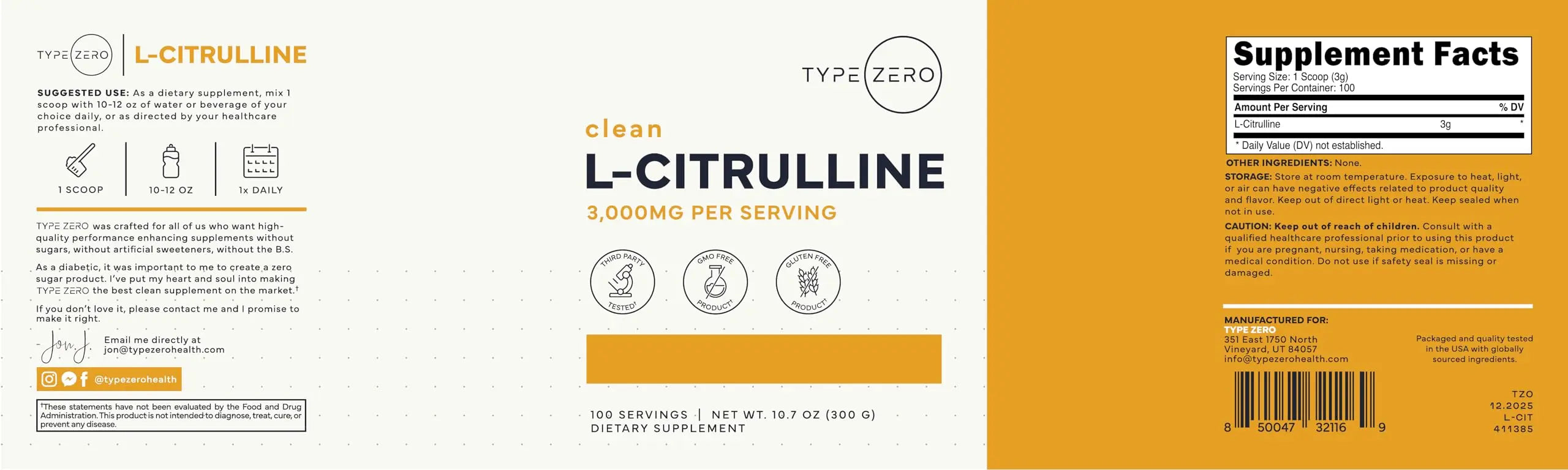 Type Zero L-Citrulline Base Powder, 3,000mg Per Serving - 100 Servings Type Zero Au supplements