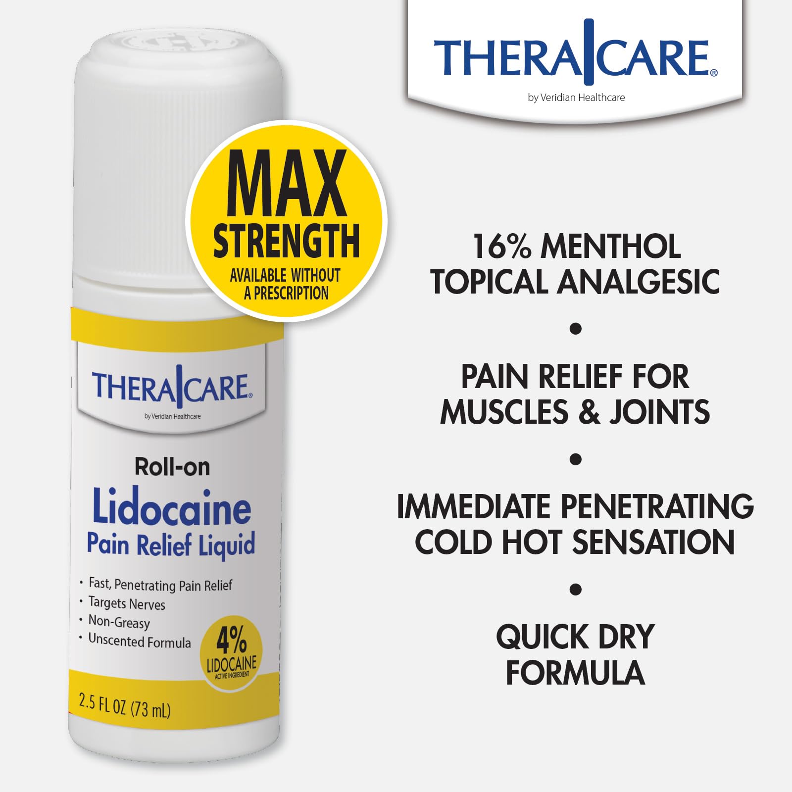 TheraCare 4% Lidocaine Roll-On | OTC Strength | Pain Relief Liquid | 2.5 oz. 73 mL | Non-Greasy, Unscented Formula | Topical Anesthetic Thera Care Au supplements