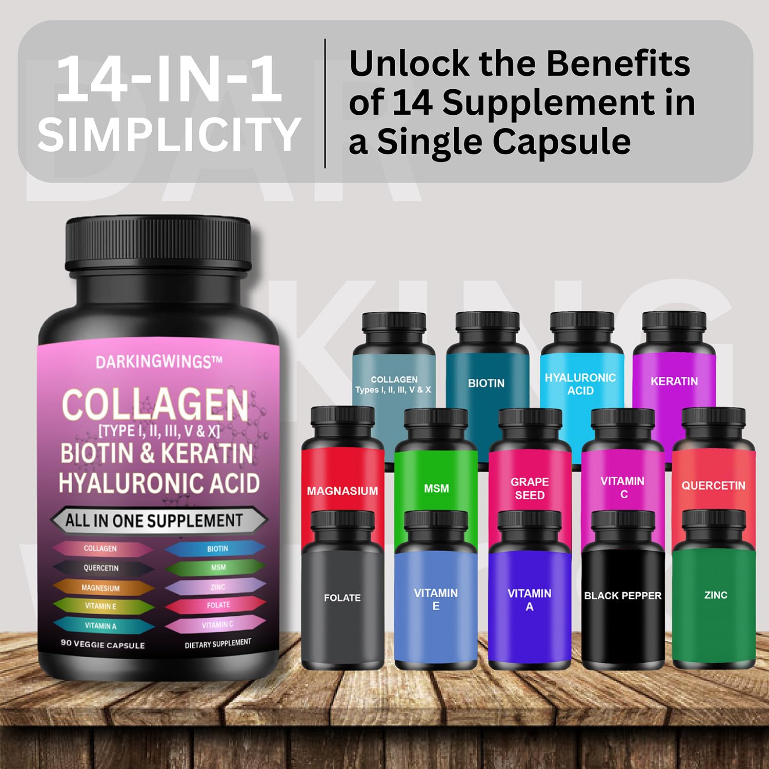 Multi Collagen Pills Peptides Types I, II, III, V & X MCG Biotin Keratin Hyaluronic Acid MSM Vitamin C Zinc Magnesium with Grape Seed Extract, Quercetin - Hair Skin and Nails Vitamins Capsule Darkingwings Au supplements