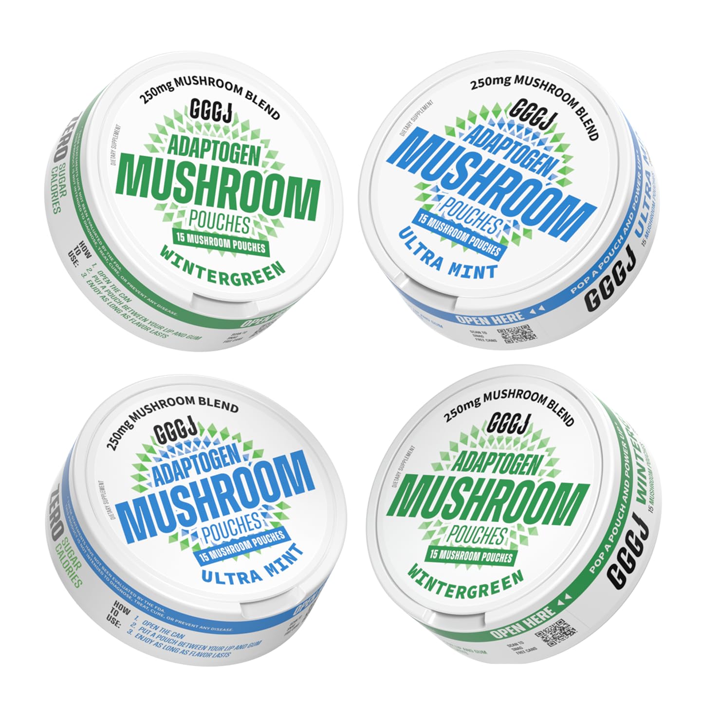 Adaptogen Mushroom Nootropic Pouches (4 Pack Bundle) - 250mg Mushroom Blend + 165mg Energy Blend, Nicotine Free & Caffeine Free, Ultra Pouch with Lion's Mane, Cordyceps, Reishi, Alpha-GPC, L-Theanine GGGJ Au supplements