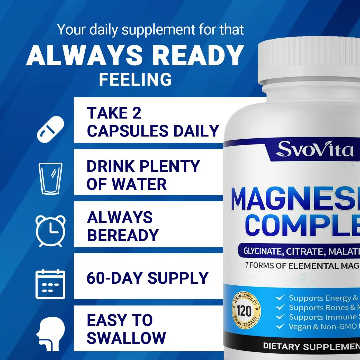 Magnesium Complex Supplement with 7 Forms of Magnesium Glycinate, Malate, Citrate & More, High Absorption for Bones, Muscle, Recovery, Energy, Vegan Non-GMO 120 Capsules Svovita Au supplements