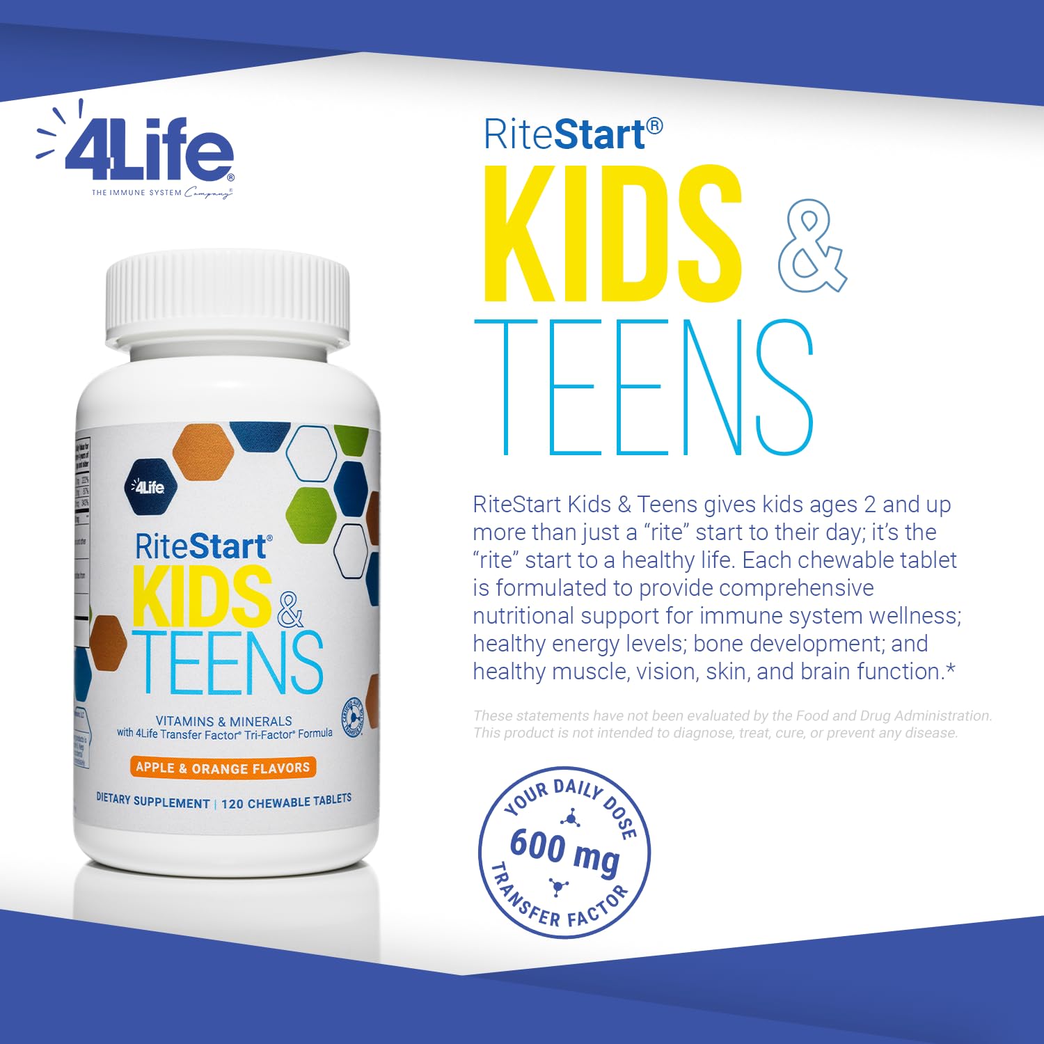 4Life RiteStart Kids and Teens- Apple, Orange Flavors, 22 Essential Vitamins, Minerals, Immune System and Brain Support Ages 2+ - 120 Chewable Tablets 4Life Au supplements