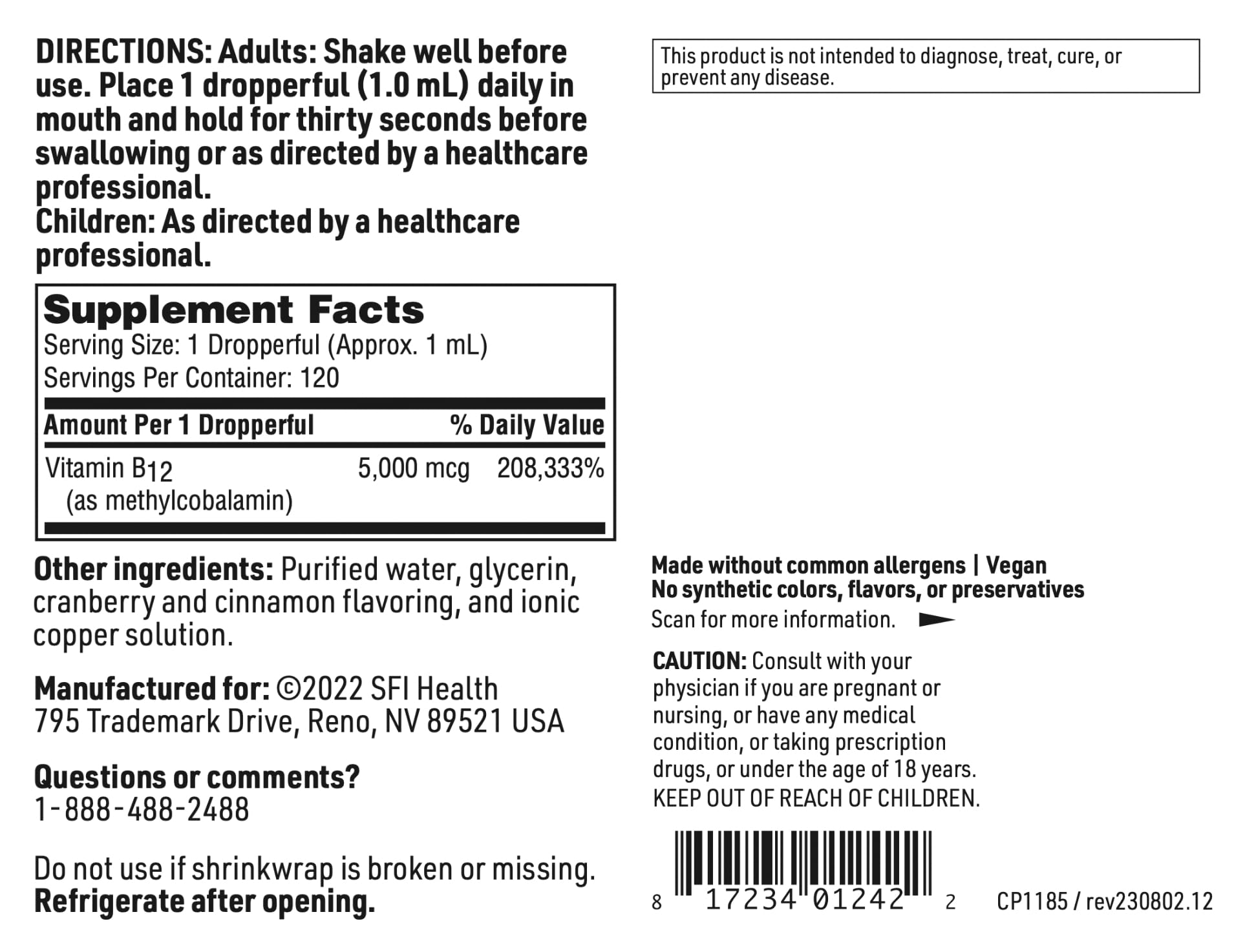 Klaire Labs SFI Health Vitamin B12 Liquid Drops 5mg - Mood & Cognitive Support from 5000mcg Active Coenzyme Methylcobalamin - Hypoallergenic (120 Servings, 4 Fluid Ounces) SFI Health Au supplements