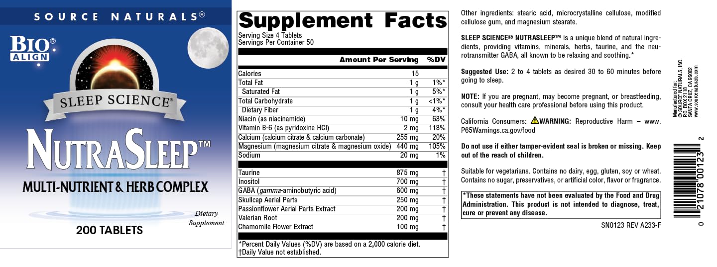 Source Naturals NutraSleep, Melatonin-Free Multi-Nutrient & Herb Complex, Vegetarian Formula for Relaxation Support - 200 Tablets Source Naturals Au supplements