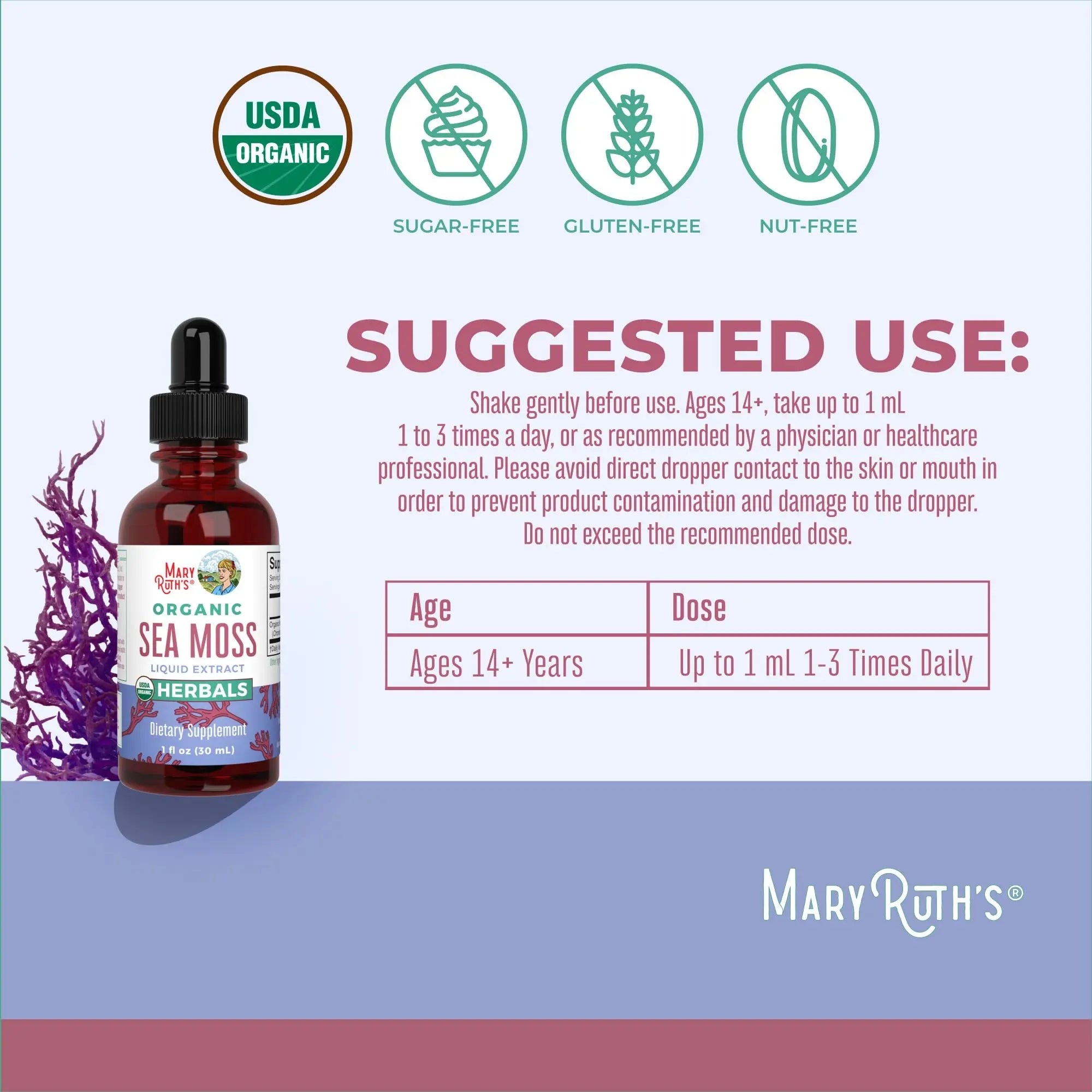 MaryRuth Organics Irish Sea Moss Liquid Drops | Chondrus Crispus | Wild Harvested | Organic Irish Moss Formulated for Adults & Kids Ages 14+ | Unflavored | Sugar Free | Vegan | Non-GMO | 1 Fl Oz MARYRUTH'S Au supplements