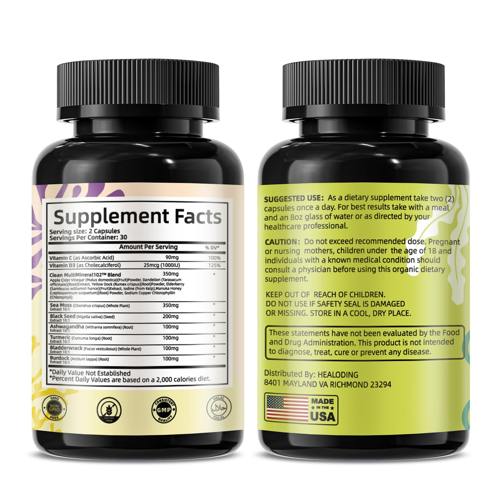 HEALOADING Sea Moss Capsules：Wildcrafted Organic Irish Seamoss & Bladderwack - Rich in Minerals, Supports Thyroid Health, Digestion, Skin & Immune System - Vegan, Non-GMO HEALOADING Au supplements