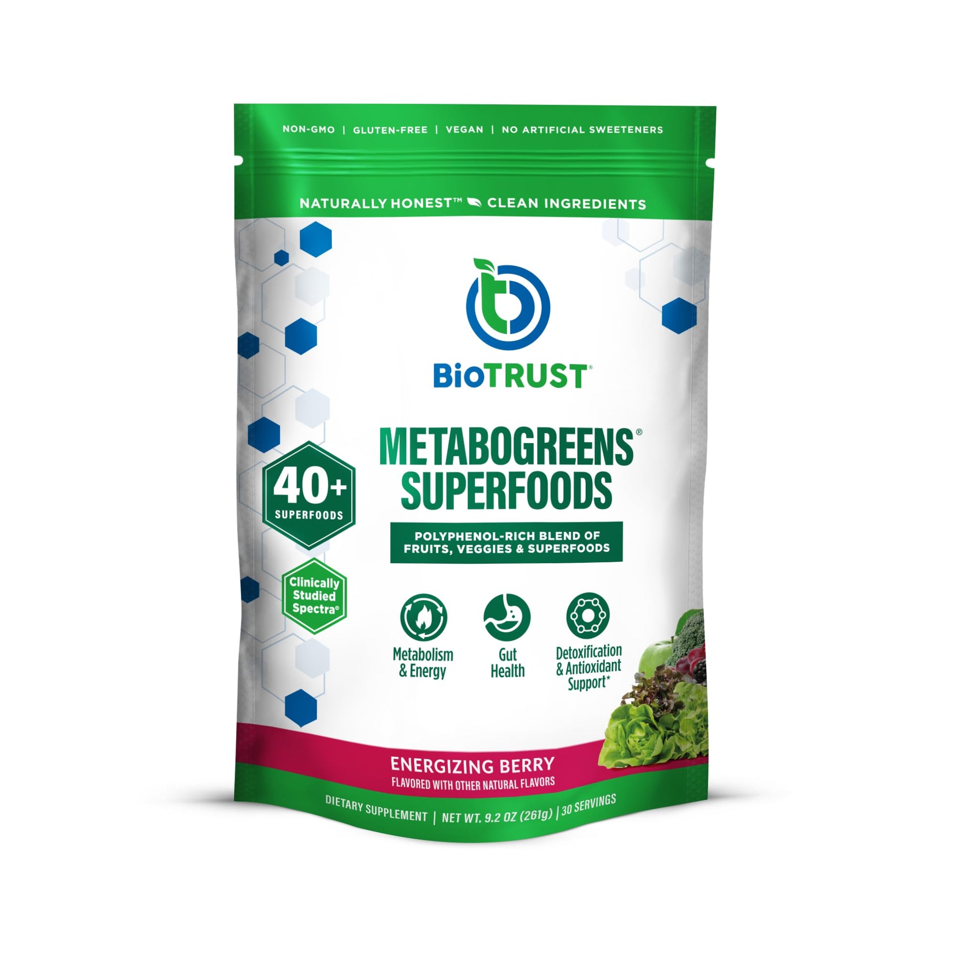 BioTrust Metabo Greens Superfood Powder - Super Greens Powder, Fruit & Veggie Blend with Clinically Studied Spectra - Non GMO, Soy Free, Gluten Free, Dairy Free, Energizing Berry Flavor (30 Servings) BioTrust Au supplements