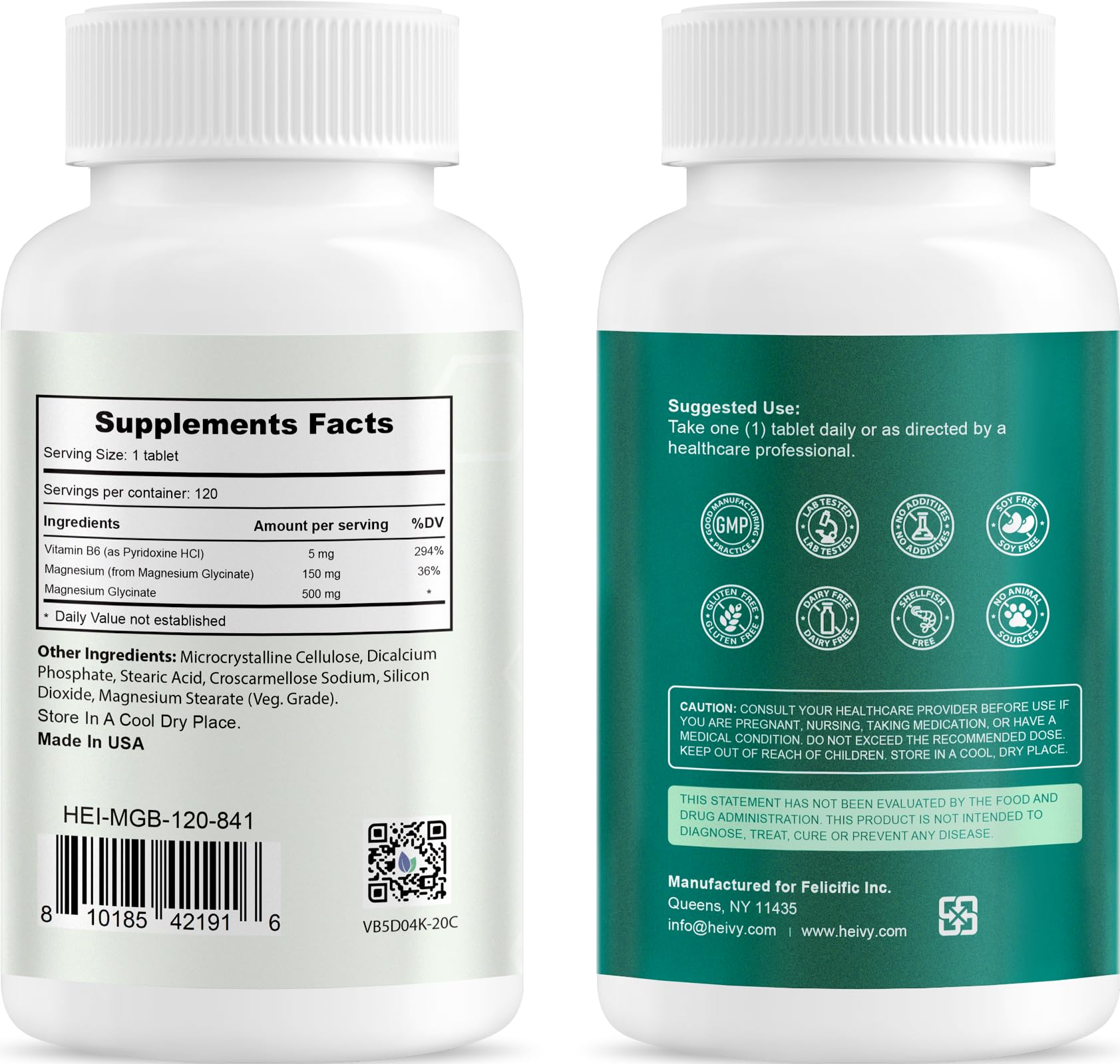 Heivy Pure Magnesium Glycinate 500mg with Vitamin B6, 100% Chelated & Purified Supports Nerve Relife, Sleep Aid & Muscle Support, Vegan & Non-GMO, Made in USA, 3rd Party Tested, 120 Tablets Heivy Au supplements
