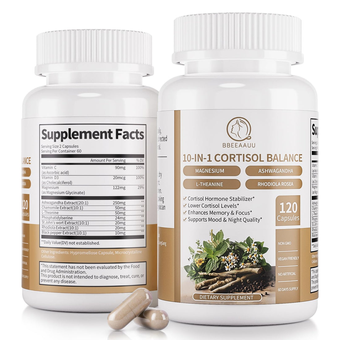 2 Pack Cortisol Supplements for Women & Men - 10-in-1 Cortisol Reducer Manager Detox with Ashwagandha, Magnesium - Lower High Cortisol Levels, Relaxation & Night Support, Non-GMO, 120 Capsules BBEEAAUU Au supplements