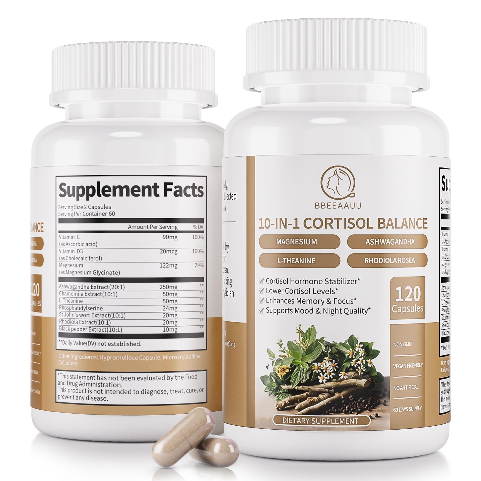 BBEEAAUU Cortisol Supplements for Women & Men - 10-in-1 Cortisol Reducer Manager Detox with Ashwagandha, Magnesium - Lower High Cortisol Levels, Relaxation & Night Support, Non-GMO, 120 Capsules BBEEAAUU Au supplements