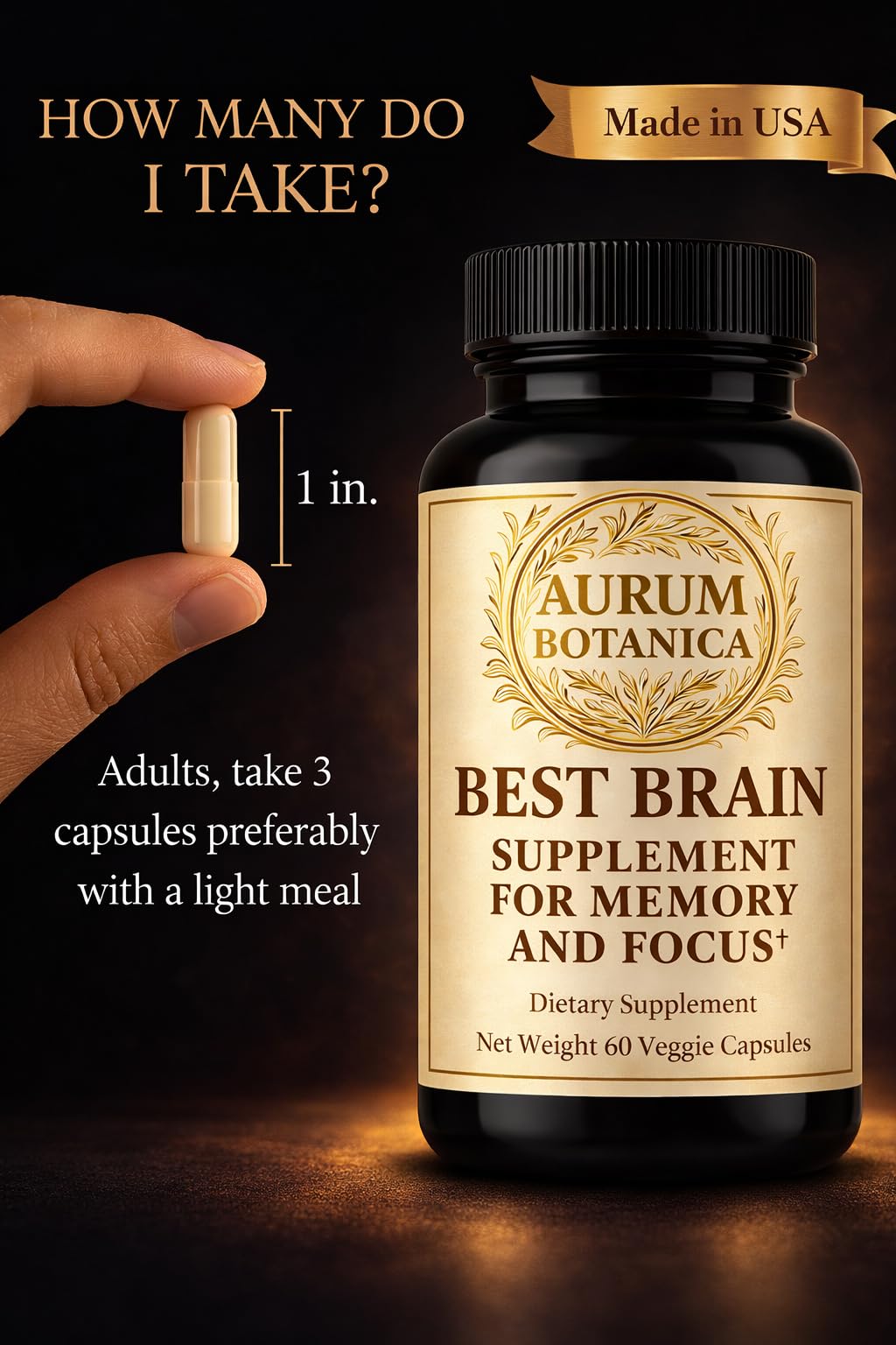 AURUM BOTANICA Best Brain Supplement for Memory and Focus - L-Theanine, Lion's Main, Vitamin B6, B12, D3, Folate, L-Tyrosine, Bacopa Monnieri, Alpha GPC, Theacrine, 30mg of Natural Caffeine (60 Count) AURUM BOTANICA Au supplements