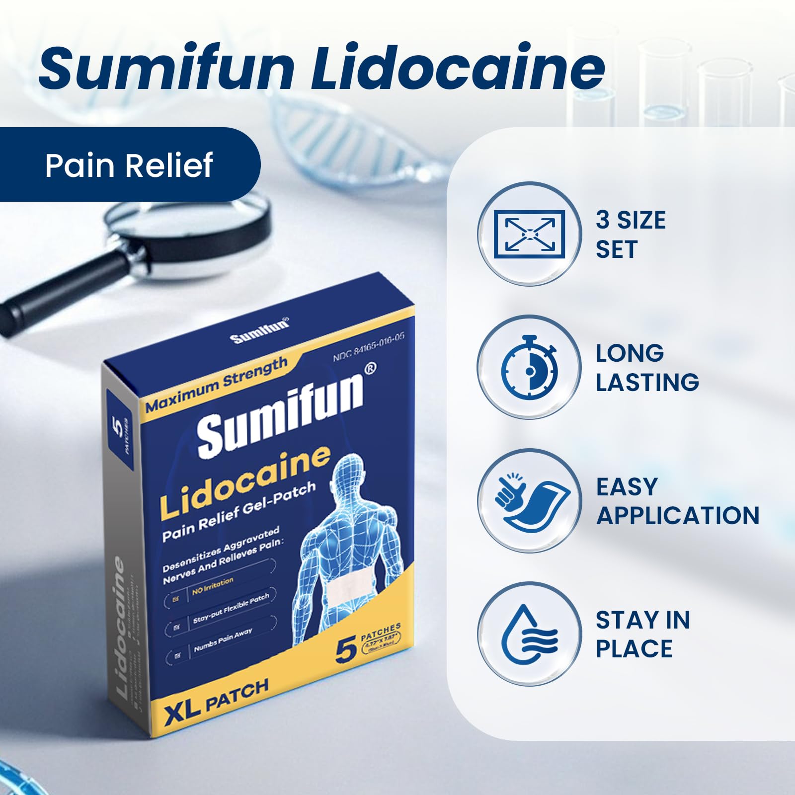 Sumifun XL Lidocaine Patches for Pain Relief, 4% Lidocaine Maximum Strength OTC, Extra Large 4.72"x7.87" for Full Back Pain Patches & Large Areas, 5 Count Sumifun Au supplements