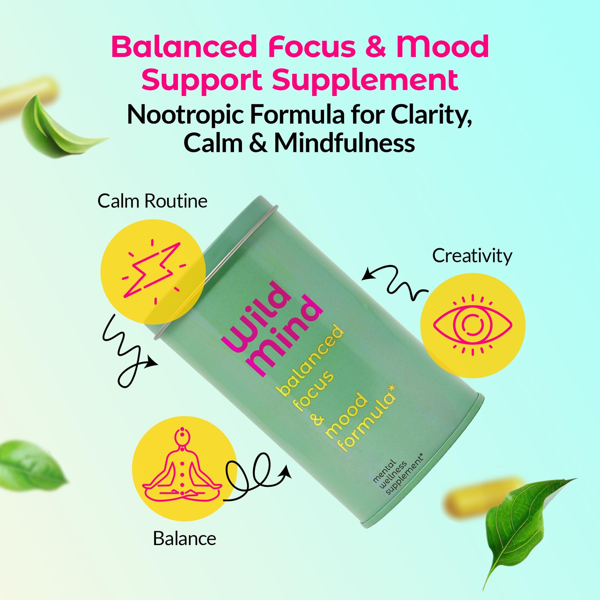 Wild Mind Mental Clarity Balanced Focus & Mood Support Supplement for Mental Wellness– 4-Ingredient Nootropic Brain Support for Calm & Energy – Vegan, 90 Capsules, 30-Day Supply Wild Mind Au supplements