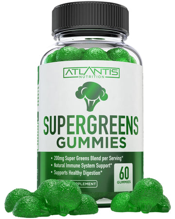 Atlantis Nutrition Supergreens Gummies - Daily Green Superfoods Supplement with Spinach, Broccoli, Moringa, Beet Root, Celery, Green Tea, & Acai for Immunity Support - Natural Raspberry Flavor, 60 cnt Atlantis Nutrition Au supplements