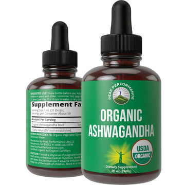 Ashwagandha Liquid Drops. USDA Organic Vegan Supplement. Extra Strength Ashwagandha Root Extract for Women, Men, Kids. with Adaptogens. Zero Sugar, Organic, Gluten Free Tincture Supplements. Peak Performance Au supplements