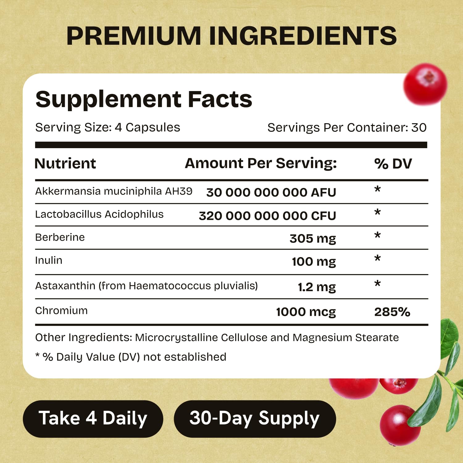 Akkermansia Muciniphila Probiotics 320 Billion CFU| Probiotic and Prebiotic | Akkermansia Probiotics for gut health | Inulin Prebiotic Fiber Capsules Astaxanthin & Berberine & Chromium | 120 capsules Stanis Labs Au supplements