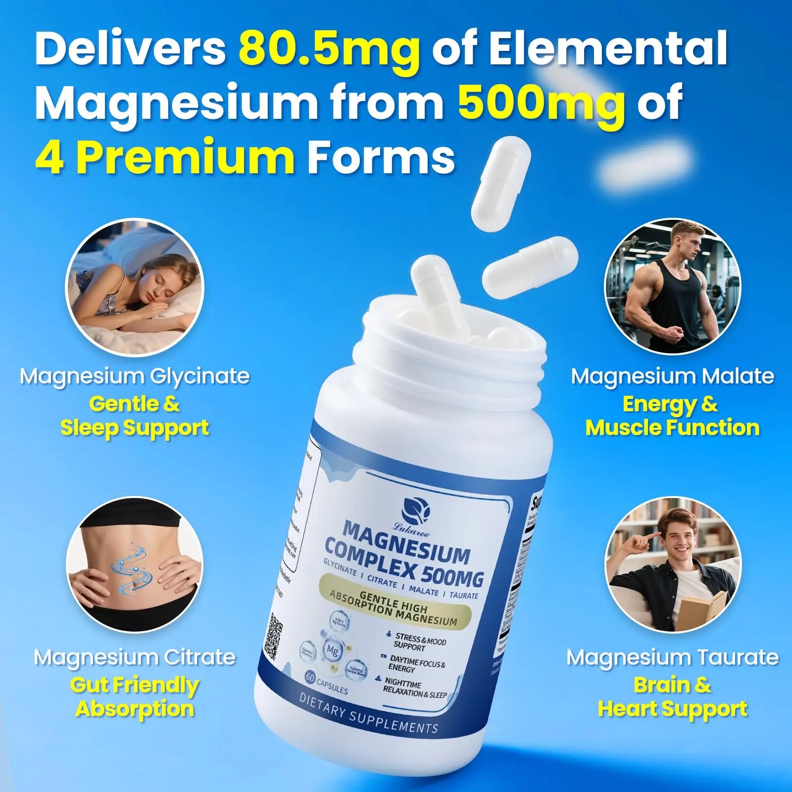 2 Pack Magnesium Complex for Women and Men 4-in-1 Magnesium Glycinate, Citrate, Malate, Taurate - Magnesium Supplement for Relaxation, Sleep & Focus, 60 Days Supply Lukaree Au supplements