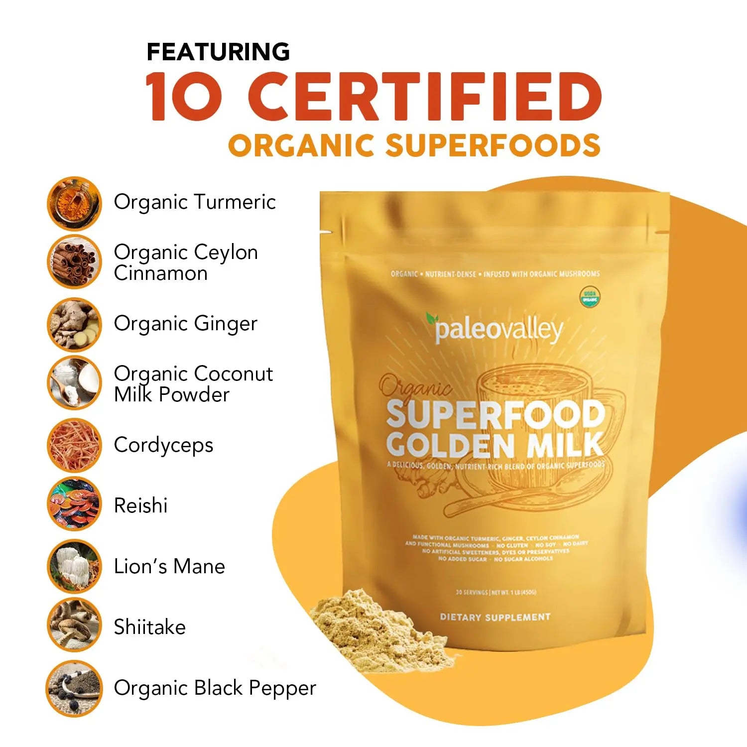 Paleovalley Organic Superfood Golden Milk - Immune, Focus, Cognitive, Longevity - Turmeric, MCT-Rich Coconut Milk, Functional Mushrooms, 30 Servings Paleovalley Au supplements