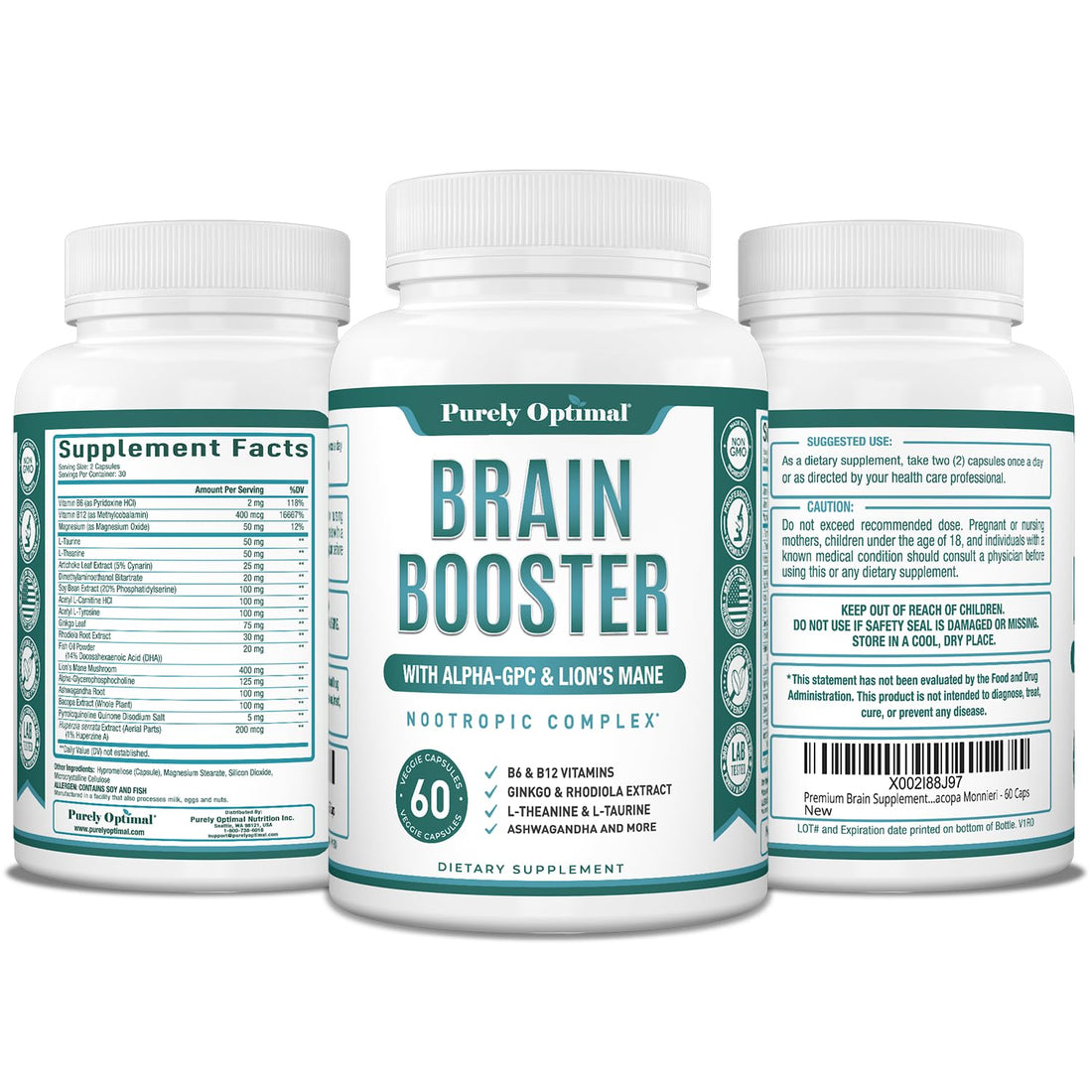 Purely Optimal Brain Booster Nootropic Supplement – Brain Support for Memory, Focus, Clarity, Jitter-Free Energy for Adults, Seniors– with Ginkgo Biloba, Alpha GPC, Lion’s Mane – 60 Capsules Purely Optimal Au supplements