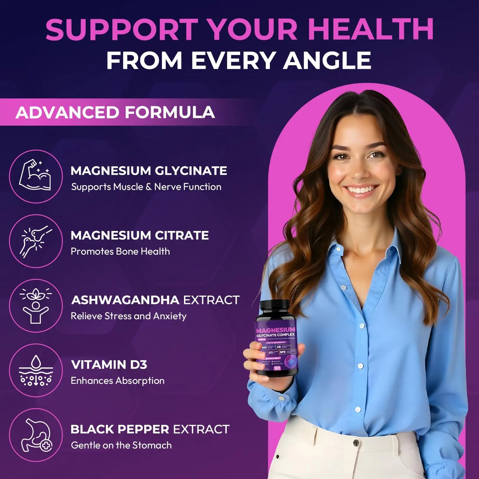Magnesium Glycinate Complex 1150mg - Gentle on Stomach High Absorption Magnesium Capsules with Citrate, Silica, Ashwagandha & Vitamin B6 for Zzz, Stress Relief, Muscle Support for Adults, Women & Men Cytona Au supplements