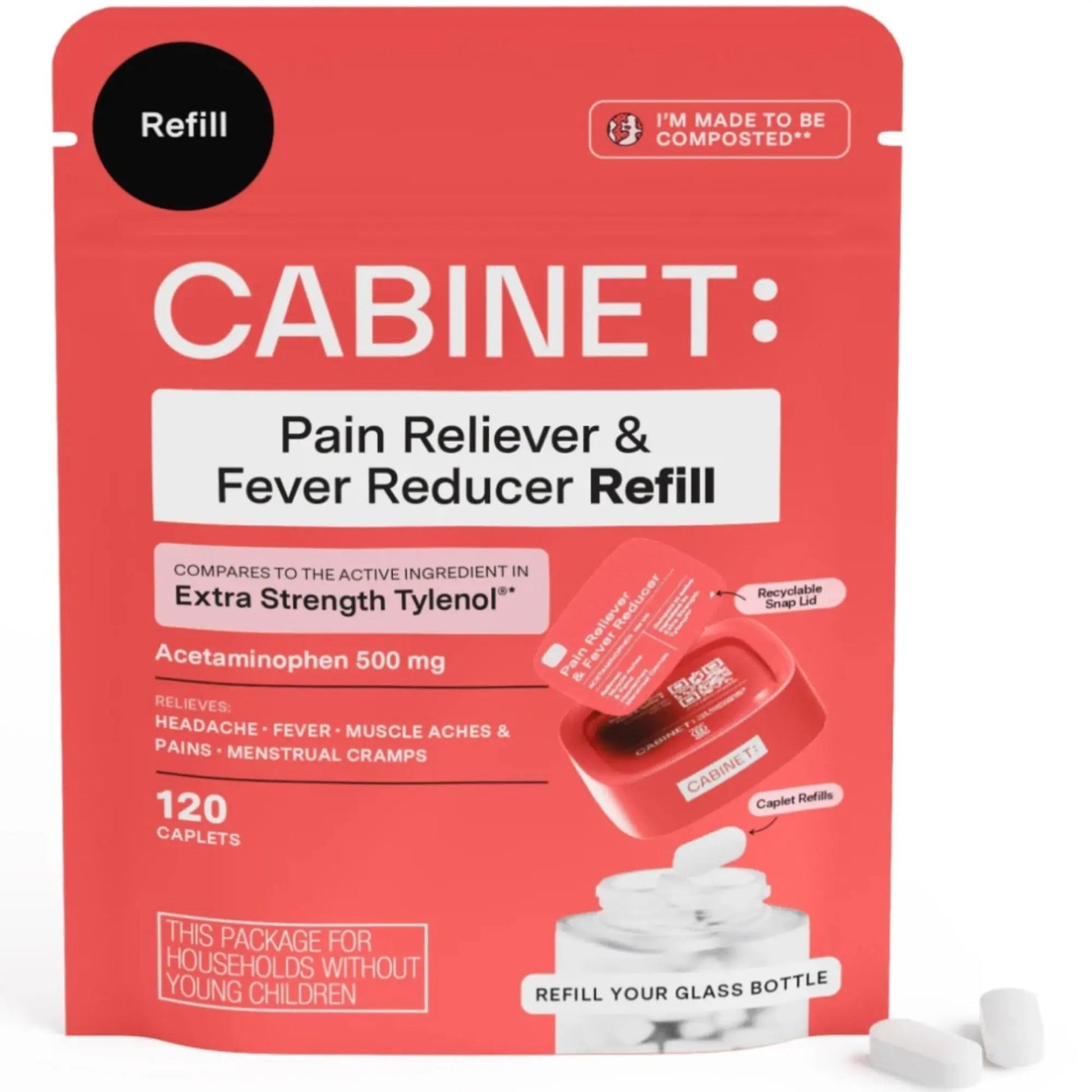 Cabinet: 500mg Acetaminophen for Headache Relief, Toothaches, Sore Throat, and Fever Reducer, 120 Tablets (Refill Pouch) Cabinet: Au supplements