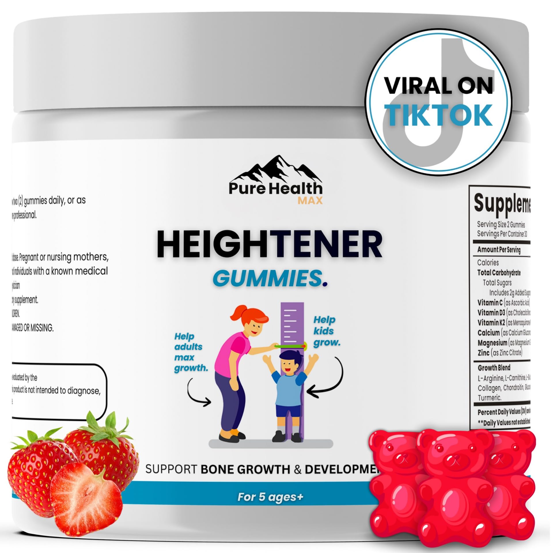 Heightener Gummies - Natural Height Growth Supplement for Kids, Teens and Adults to Increase Bone Strength and Grow Tall | Height Maximizer Pills with L-Arginine, Calcium & Zinc | 60 Gummy PURE HEALTH MAX Au supplements