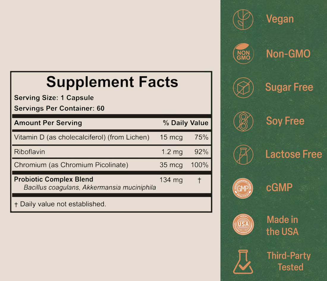 Akkermansia Probiotic for Appetite Suppressant & Craving Control | Increases GLP-1 for Weight Loss | 60 Day Supply | Made in USA | Bacillus Coagulans, B2, D3 & Chromium | SIBO Friendly, Vegan Akkermy Au supplements