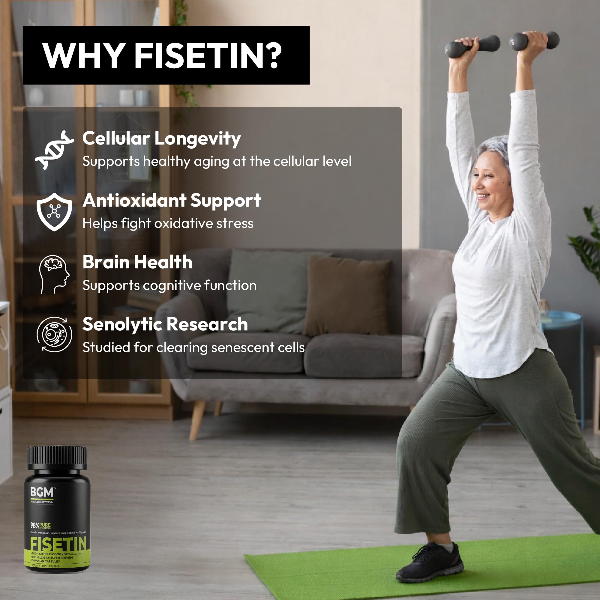 BGM Fisetin 500mg Supplement | Smoke Tree Extract (Cotinus coggygria) | 98% Pure Senolytic Antioxidant | Vegan Capsules | Supports Brain Health & Healthy Aging BGM Better Goods, Better You Au supplements