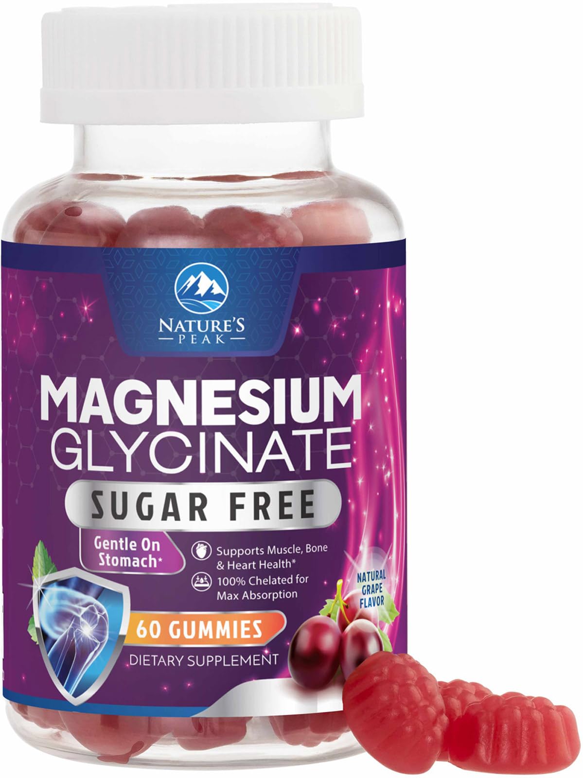 Magnesium Glycinate Gummies - Sugar Free - 100% Chelated Magnesium Gummy Supplement for Max Absorption - for Sleep Support & Heart, Muscle & Bone Health - Gentle on Stomach, Grape Flavor - 60 Gummies Nature's Peak Au supplements