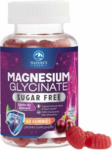Magnesium Glycinate Gummies - Sugar Free - 100% Chelated Magnesium Gummy Supplement for Max Absorption - for Sleep Support & Heart, Muscle & Bone Health - Gentle on Stomach, Grape Flavor - 60 Gummies Nature's Peak Au supplements