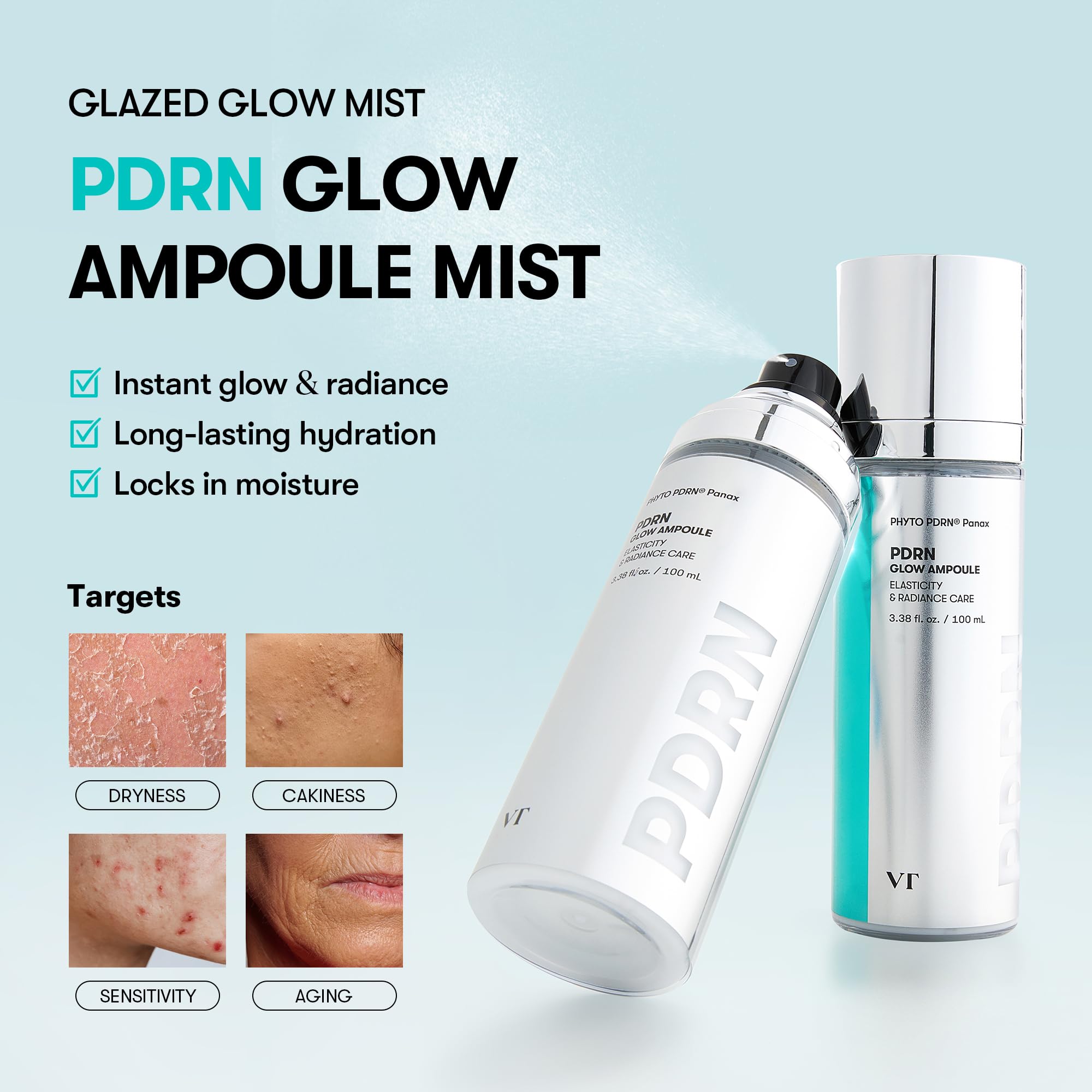 VT COSMETICS PDRN Glow Ampoule, PDRN Facial Mist, Deep Hydration Spray Serum, Vegan Skin Care, Light-weight Face Moisturizer, Plumping Effect, Fragrance-Free, Korean SkinCare (3.38 fl oz / 100 ml) VT COSMETICS Au supplements