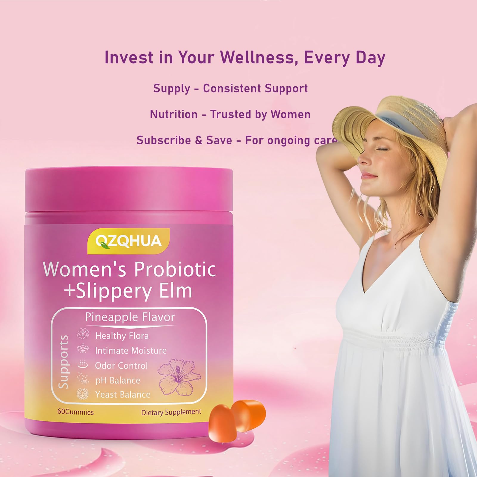 Premium Feminine Balance Gummies for Women - 60 Gummies, Hawaiian Pineapple Flavor - with Probiotics & Vitamin C - Supports Feminine Wellness & Healthy Balance - Gluten Free, Vegan（30 Servings）（Q2） QZQHUA Au supplements